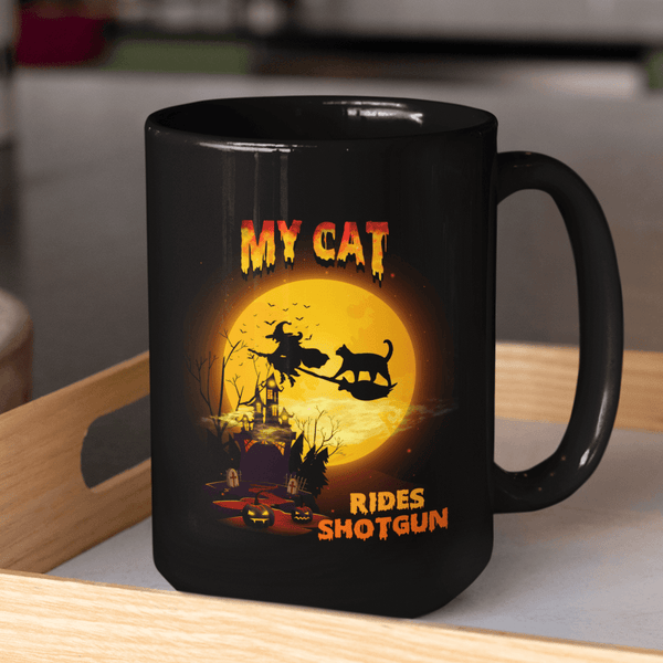 FUN HALLOWEEN CAT RIDES SHOTGUN Black Mug - BIG 15 oz. size