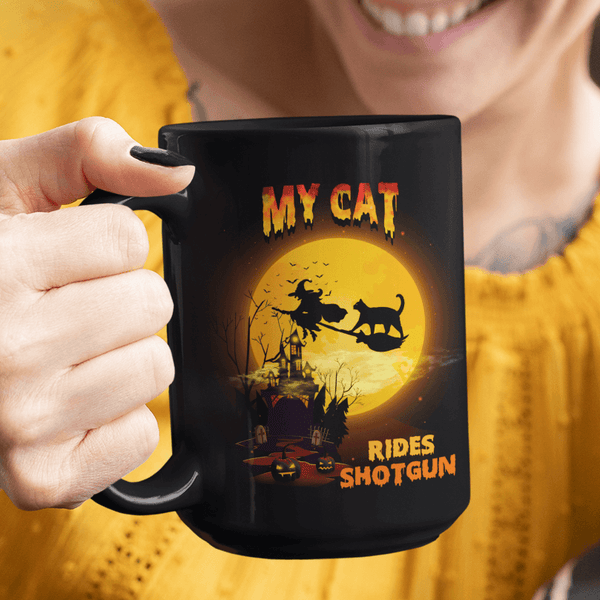 FUN HALLOWEEN CAT RIDES SHOTGUN Black Mug - BIG 15 oz. size