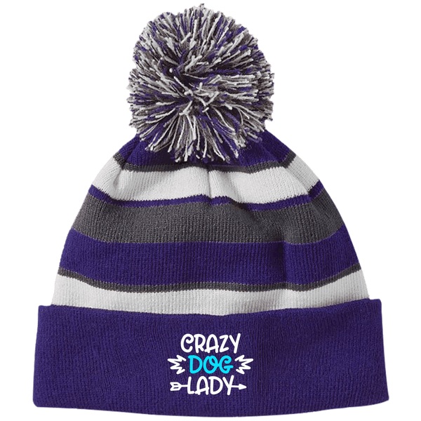 CRAZY DOG LADY Holloway Striped Beanie with Pom - EMBROIDERED design