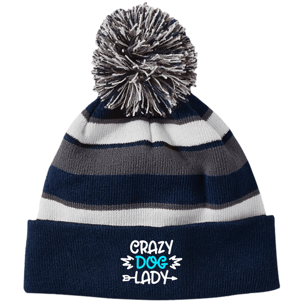 CRAZY DOG LADY Holloway Striped Beanie with Pom - EMBROIDERED design