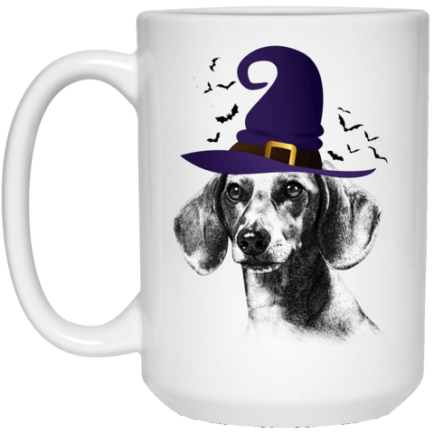 HALLOWEEN DACHSHUND WITCH HAT WHITE MUG - BIG 15 oz. size