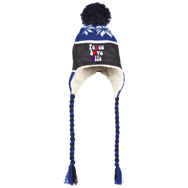 EMBROIDERED PEACE LOVE OILS Holloway Hat with Ear Flaps and Braids