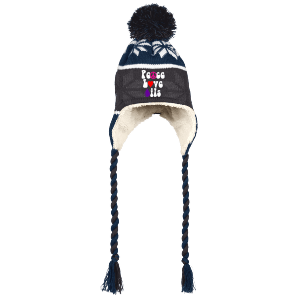 EMBROIDERED PEACE LOVE OILS Holloway Hat with Ear Flaps and Braids