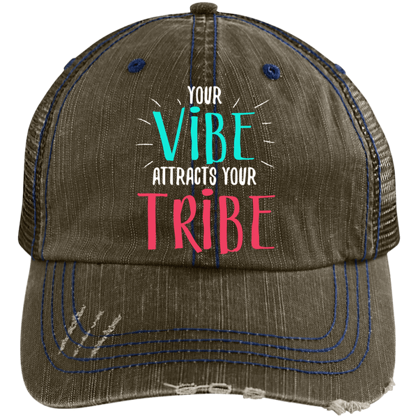 EMBROIDERED VIBE Distressed Unstructured Trucker Cap