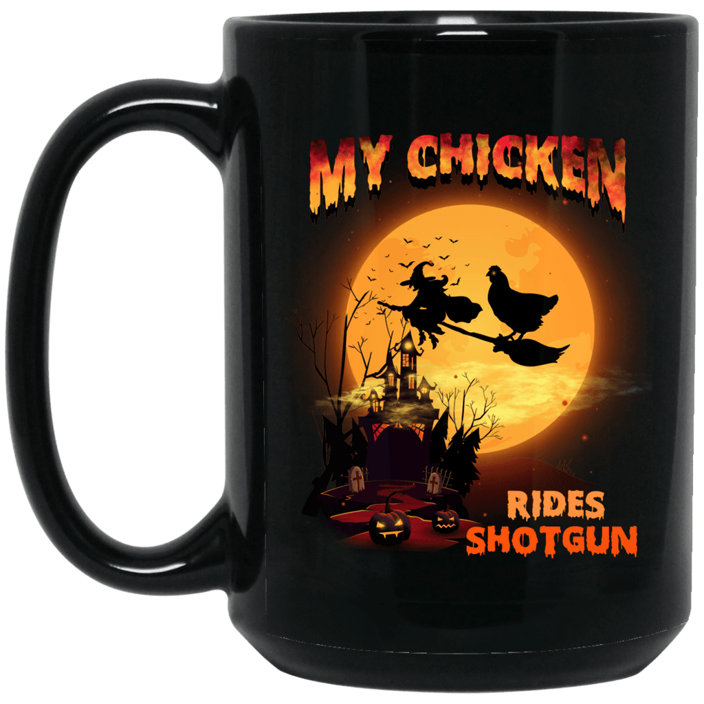 FUN HALLOWEEN CHICKEN RIDES SHOTGUN Black Mug - BIG 15 oz. size