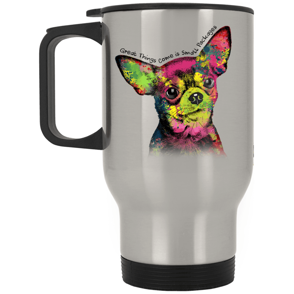 CHIHUAHUA "SMALL PACKAGES" Silver Stainless Travel Mug - 14 oz.