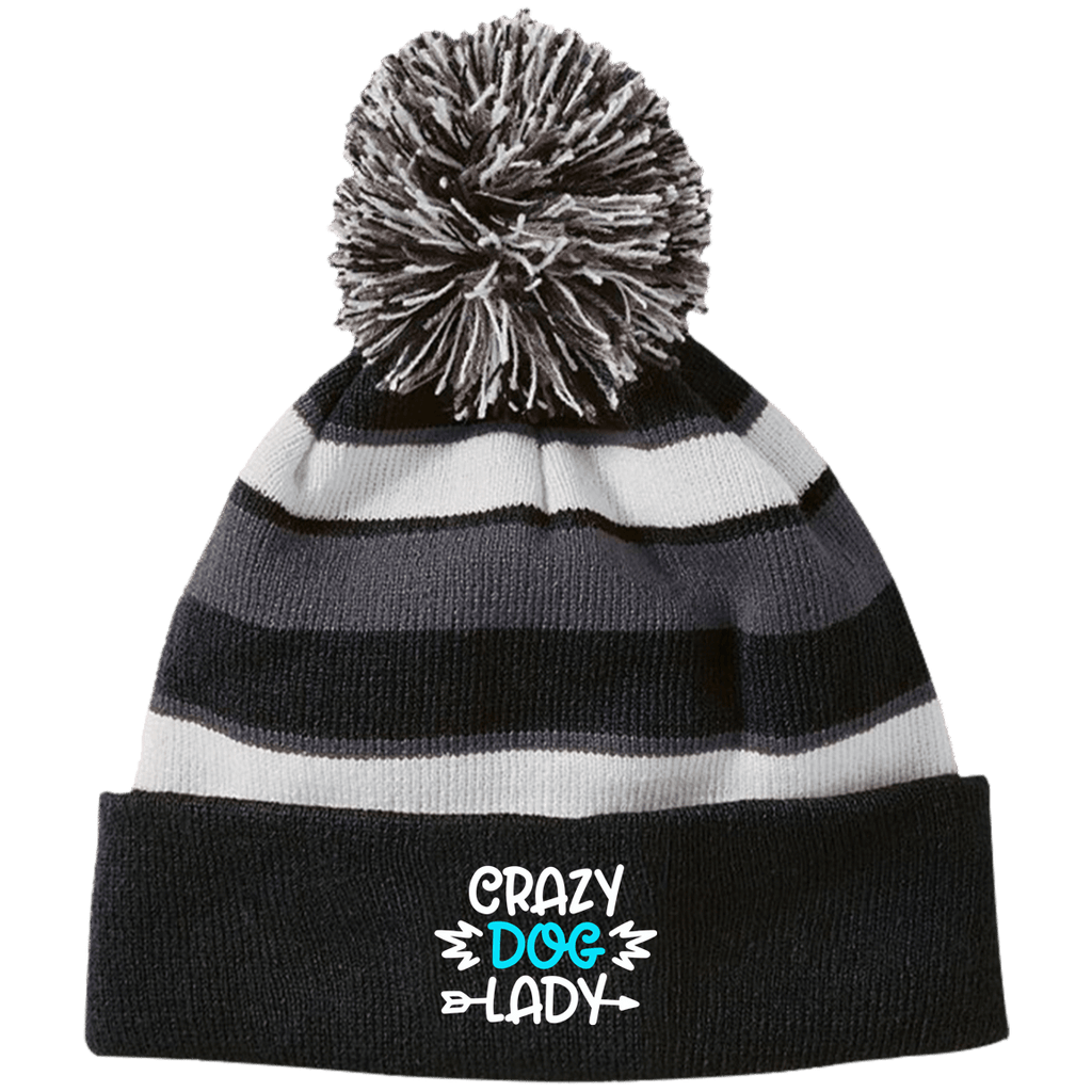 CRAZY DOG LADY Holloway Striped Beanie with Pom - EMBROIDERED design