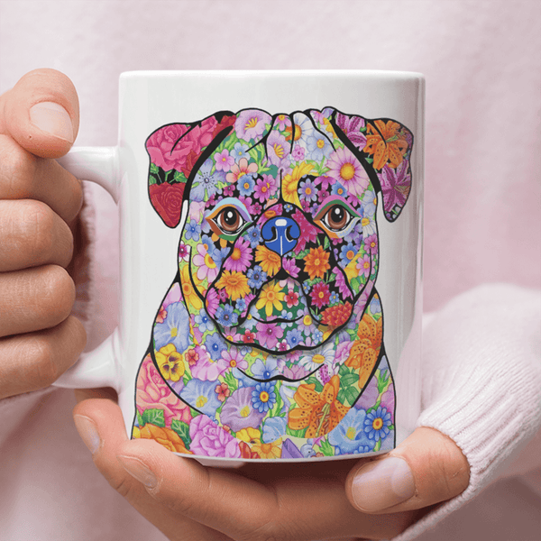 FABULOUS FLOWER PUG WHITE MUG - DESIGN ON BOTH SIDES