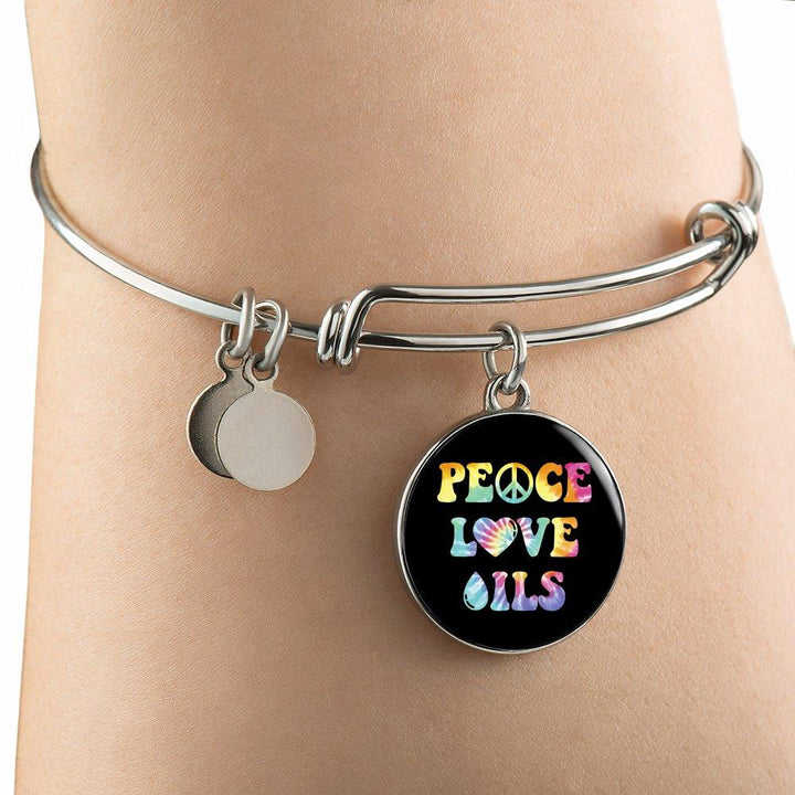 AWESOME SURGICAL STRENGTH STAINLESS STEEL "PEACE LOVE OILS" NECKLACE AND BANGLE BRACELET