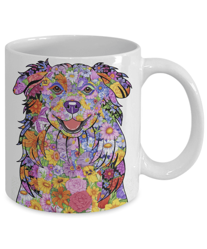FABULOUS FLOWER AUSTRALIAN SHEPHERD WHITE MUG - DESIGN ON BOTH SIDES