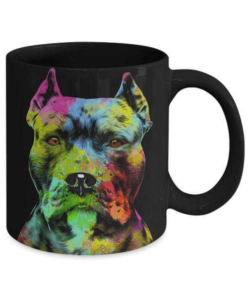 GORGEOUS POP ART PIT BULL CROPPED BLACK MUG - DESIGN ON BOTH SIDES