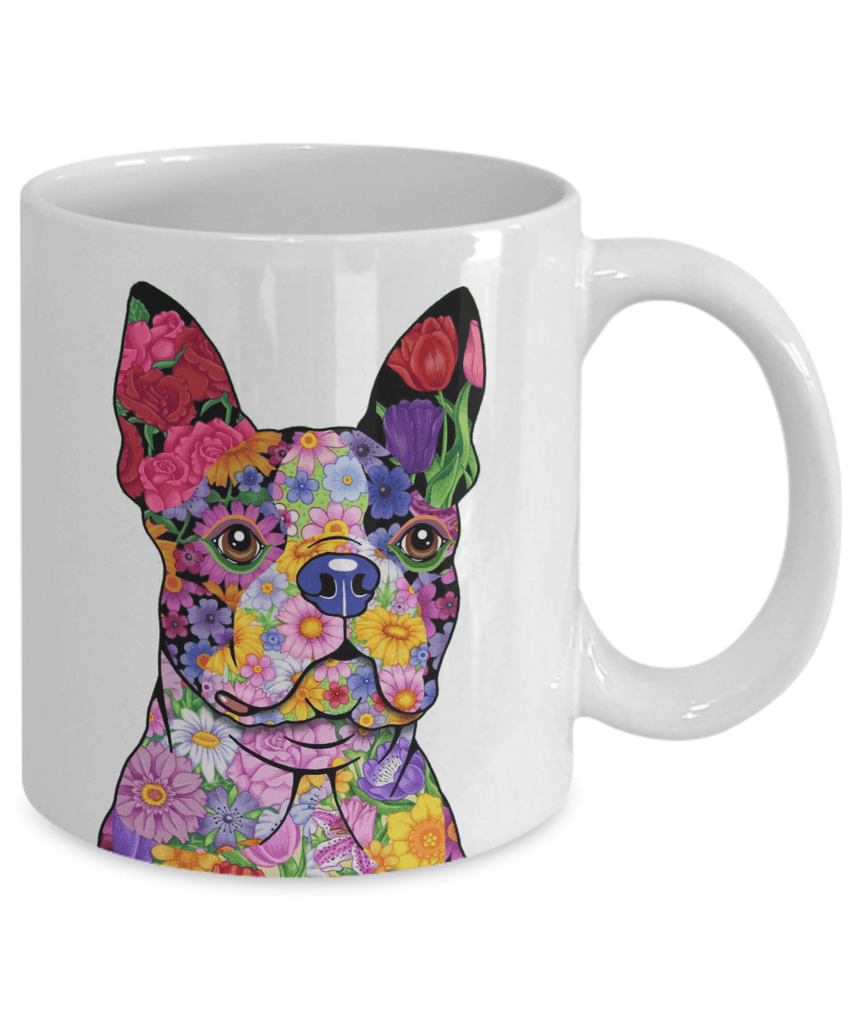 FABULOUS FLOWER BOSTON TERRIER WHITE MUG - DESIGN ON BOTH SIDES