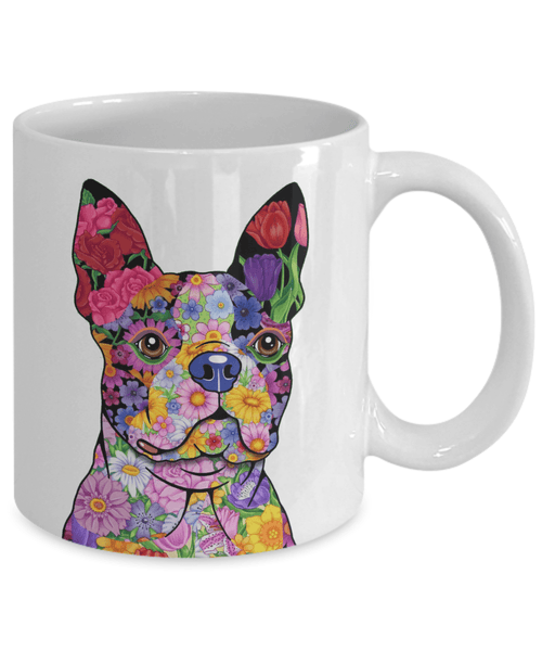 FABULOUS FLOWER BOSTON TERRIER WHITE MUG - DESIGN ON BOTH SIDES