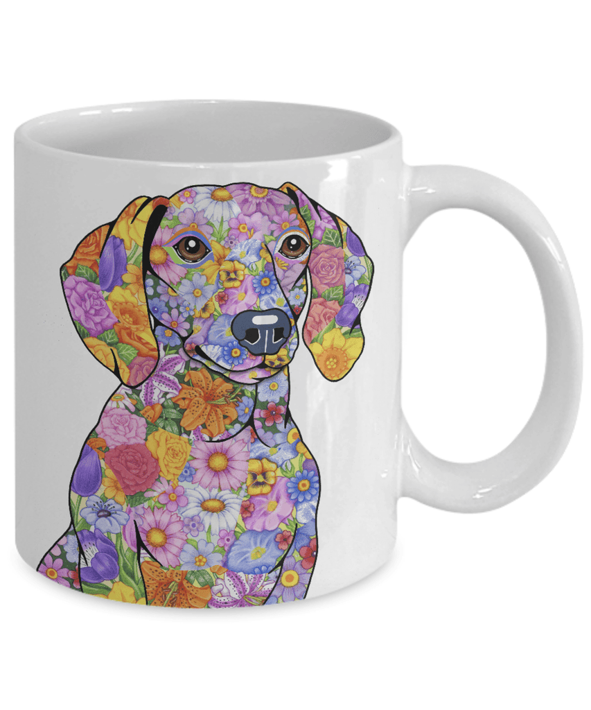 FABULOUS FLOWER DACHSHUND WHITE MUG - DESIGN ON BOTH SIDES
