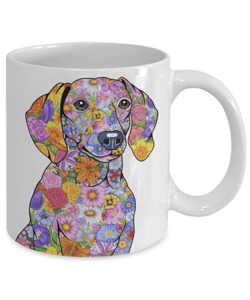 FABULOUS FLOWER DACHSHUND WHITE MUG - DESIGN ON BOTH SIDES