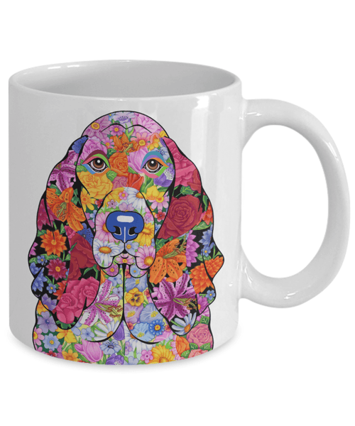 FABULOUS FLOWER BASSET HOUND WHITE MUG - DESIGN ON BOTH SIDES