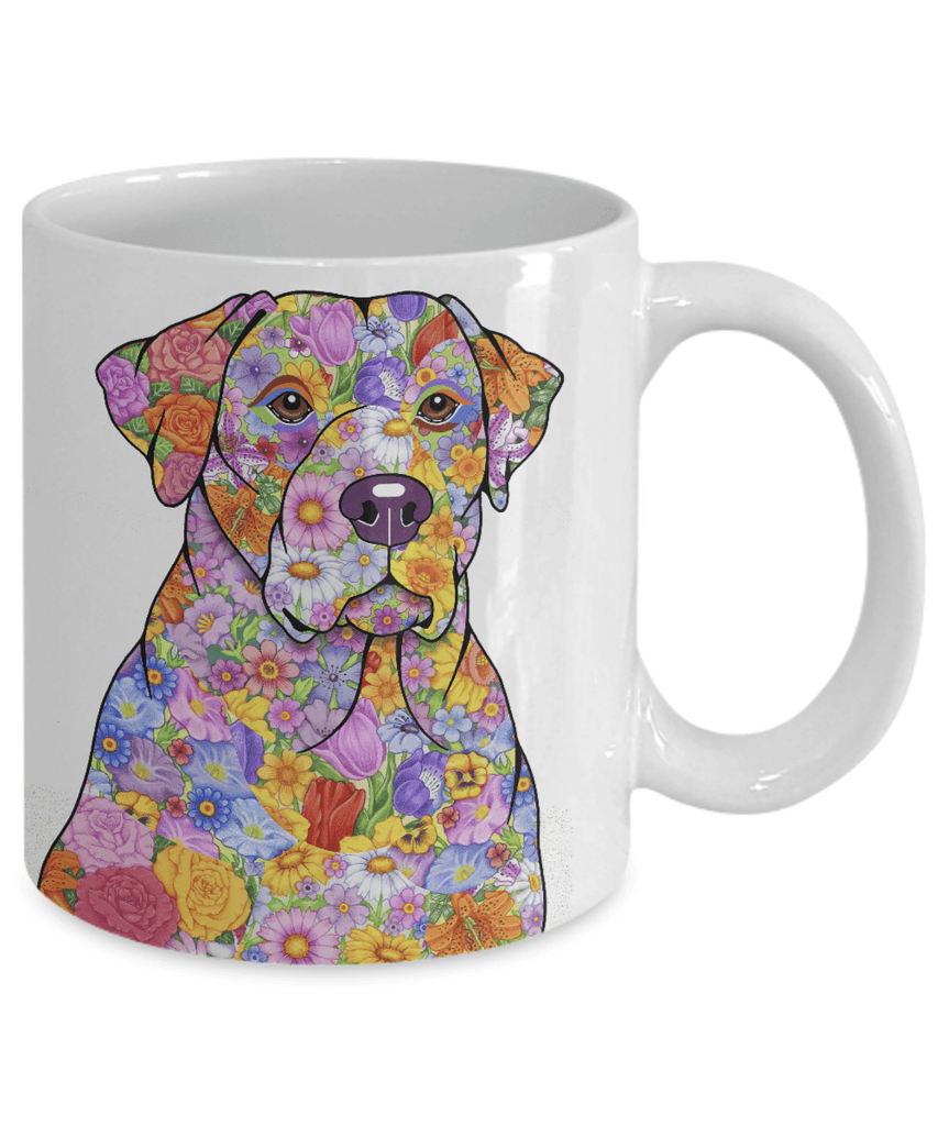 FABULOUS FLOWER YELLOW LAB WHITE MUG - DESIGN ON BOTH SIDES