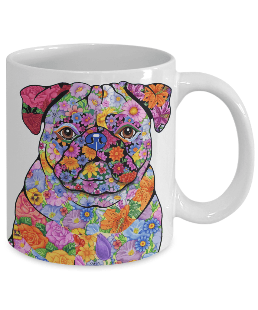 FABULOUS FLOWER PUG WHITE MUG - DESIGN ON BOTH SIDES