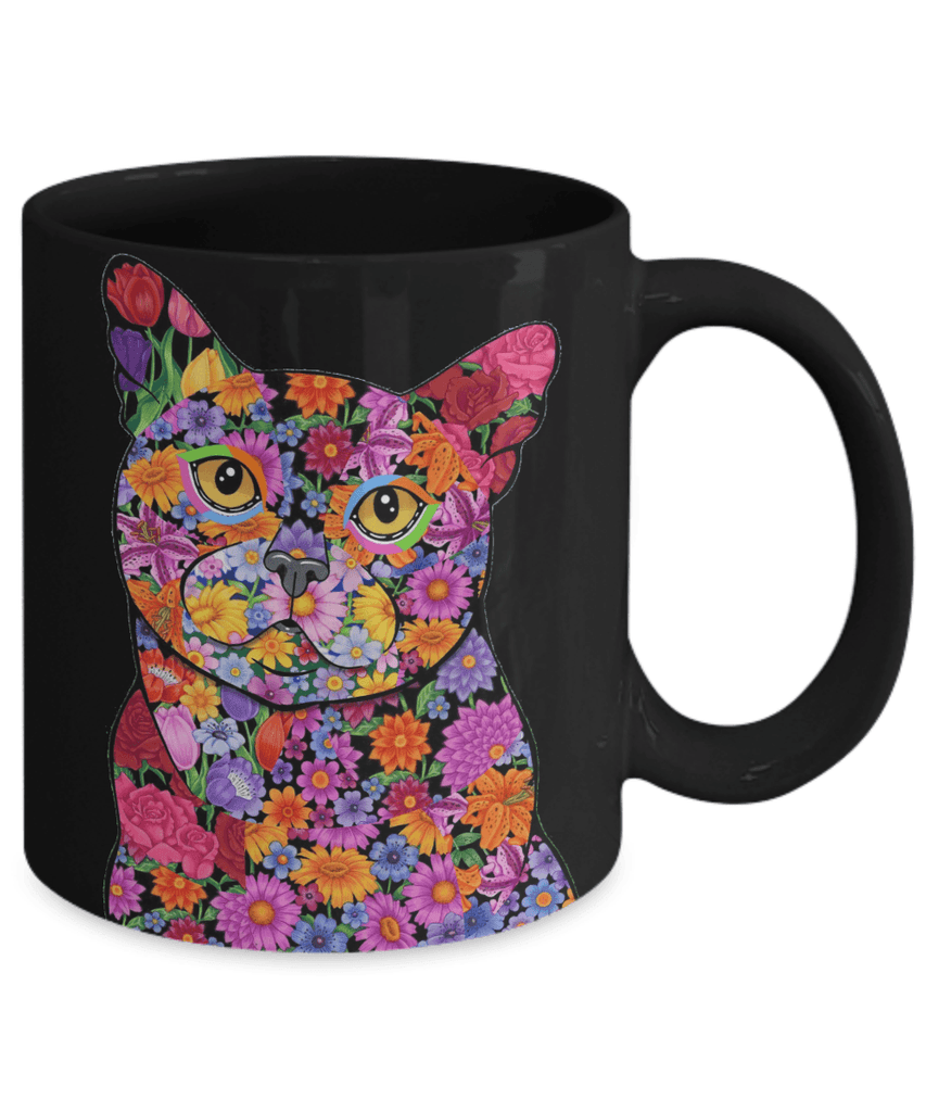 FLOWER BLACK CAT MUG - COMES IN WHITE TOO