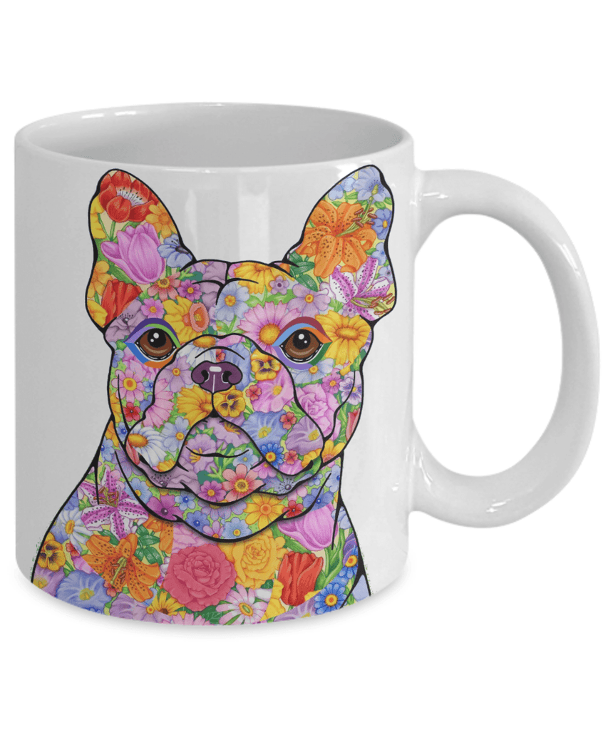 FABULOUS FLOWER FRENCH BULLDOG WHITE MUG - DESIGN ON BOTH SIDES