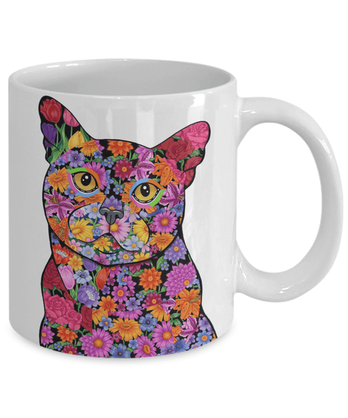 FLOWER BLACK CAT MUG - COMES IN WHITE TOO