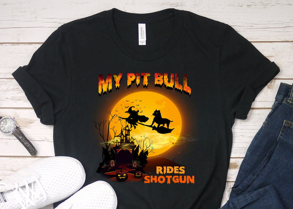 FUN HALLOWEEN CROPPED EARS PIT BULL RIDES SHOTGUN TEES - UP TO 4XL - 3 COLORS