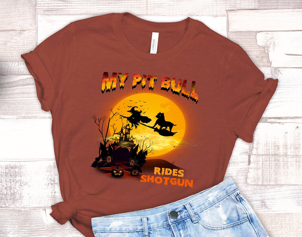 FUN HALLOWEEN CROPPED EARS PIT BULL RIDES SHOTGUN TEES - UP TO 4XL - 3 COLORS