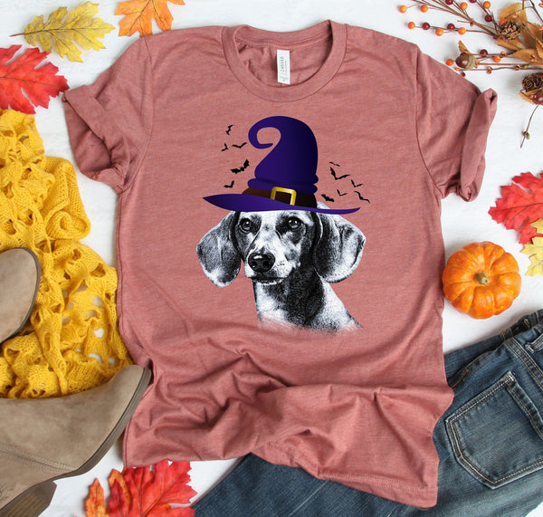 FUN HALLOWEEN DACHSHUND WITCH HAT TEES - UP TO 4XL - 4 COLORS