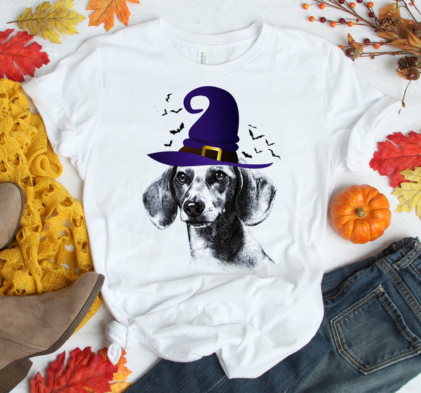 FUN HALLOWEEN DACHSHUND WITCH HAT TEES - UP TO 4XL - 4 COLORS