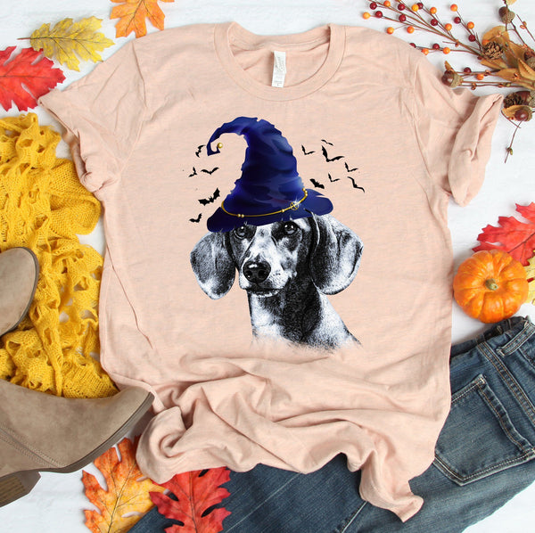 FUN HALLOWEEN DACHSHUND WIZARD HAT TEES - UP TO 4XL - 4 COLORS