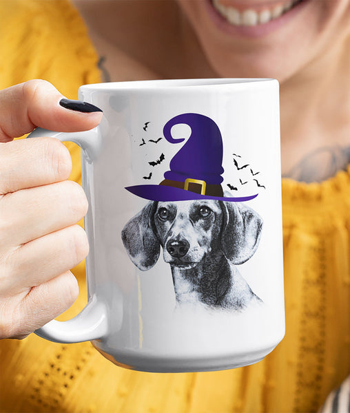 HALLOWEEN DACHSHUND WITCH HAT WHITE MUG - BIG 15 oz. size