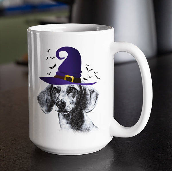 HALLOWEEN DACHSHUND WITCH HAT WHITE MUG - BIG 15 oz. size