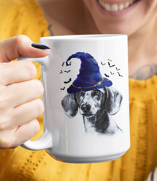 HALLOWEEN PIT BULL WIZARD HAT WHITE MUG - BIG 15 oz. size