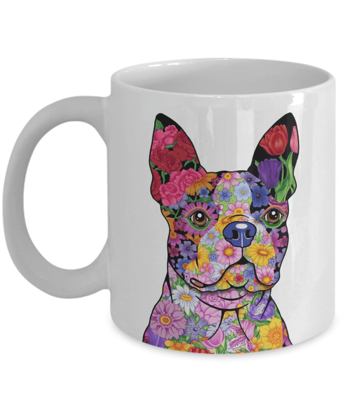 FABULOUS FLOWER BOSTON TERRIER WHITE MUG - DESIGN ON BOTH SIDES