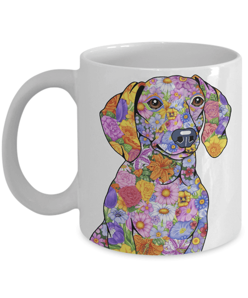 FABULOUS FLOWER DACHSHUND WHITE MUG - DESIGN ON BOTH SIDES