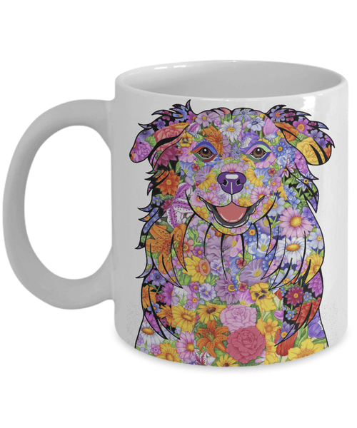 FABULOUS FLOWER AUSTRALIAN SHEPHERD WHITE MUG - DESIGN ON BOTH SIDES