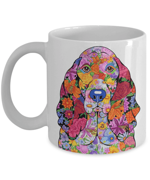 FABULOUS FLOWER BASSET HOUND WHITE MUG - DESIGN ON BOTH SIDES