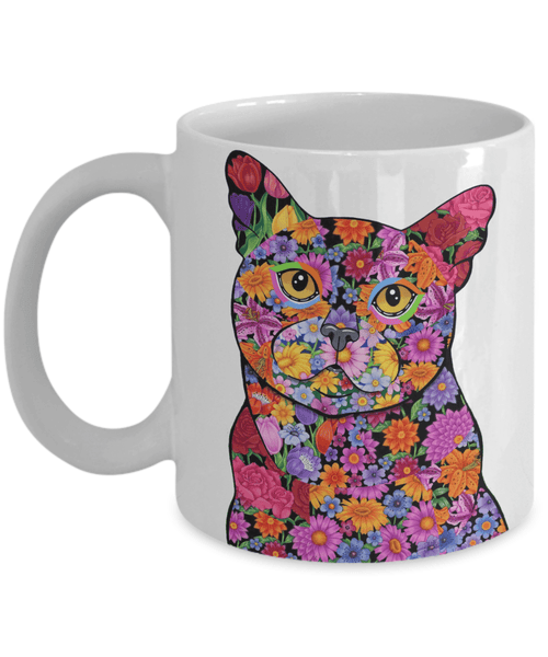 FLOWER BLACK CAT MUG - COMES IN WHITE TOO