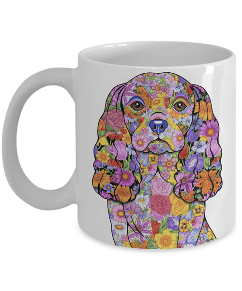 FABULOUS FLOWER CAVALIER KING CHARLES SPANIEL WHITE MUG - DESIGN ON BOTH SIDES