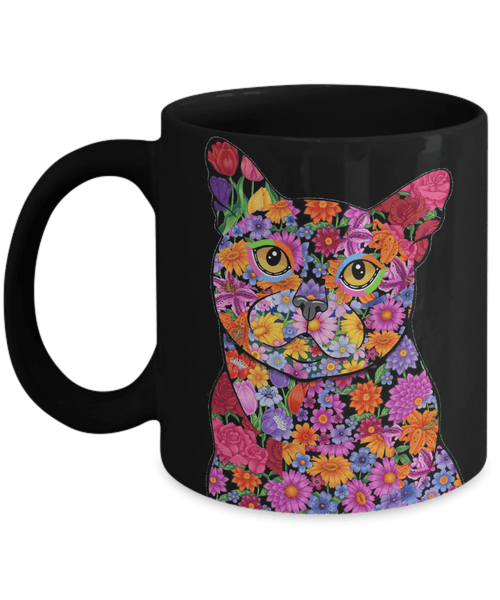 FLOWER BLACK CAT MUG - COMES IN WHITE TOO