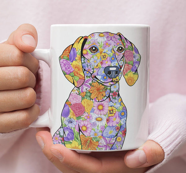 FABULOUS FLOWER DACHSHUND WHITE MUG - DESIGN ON BOTH SIDES
