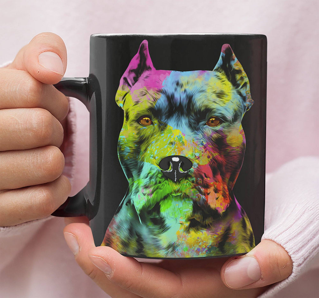 GORGEOUS POP ART PIT BULL CROPPED BLACK MUG - DESIGN ON BOTH SIDES