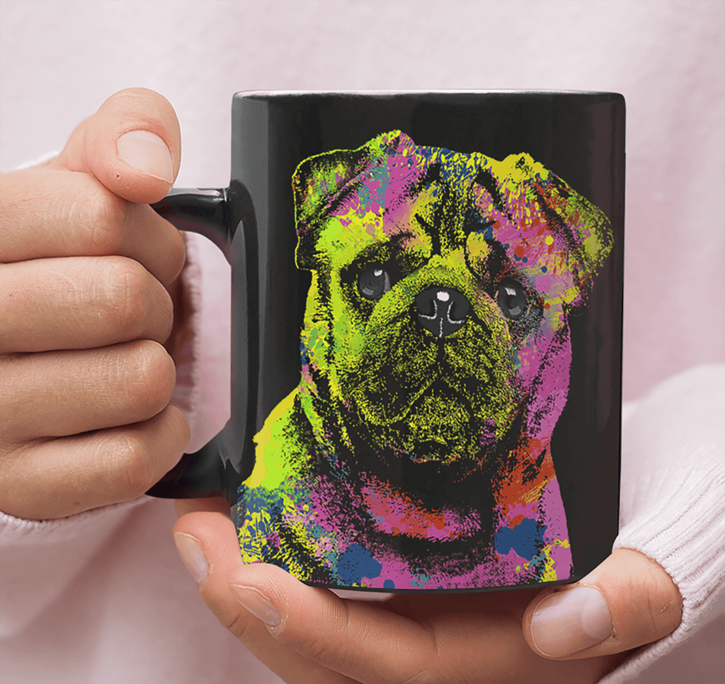 GORGEOUS POP ART PUG BLACK MUG - DESIGN ON BOTH SIDES
