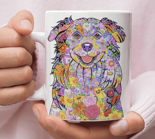 FABULOUS FLOWER AUSTRALIAN SHEPHERD WHITE MUG - DESIGN ON BOTH SIDES