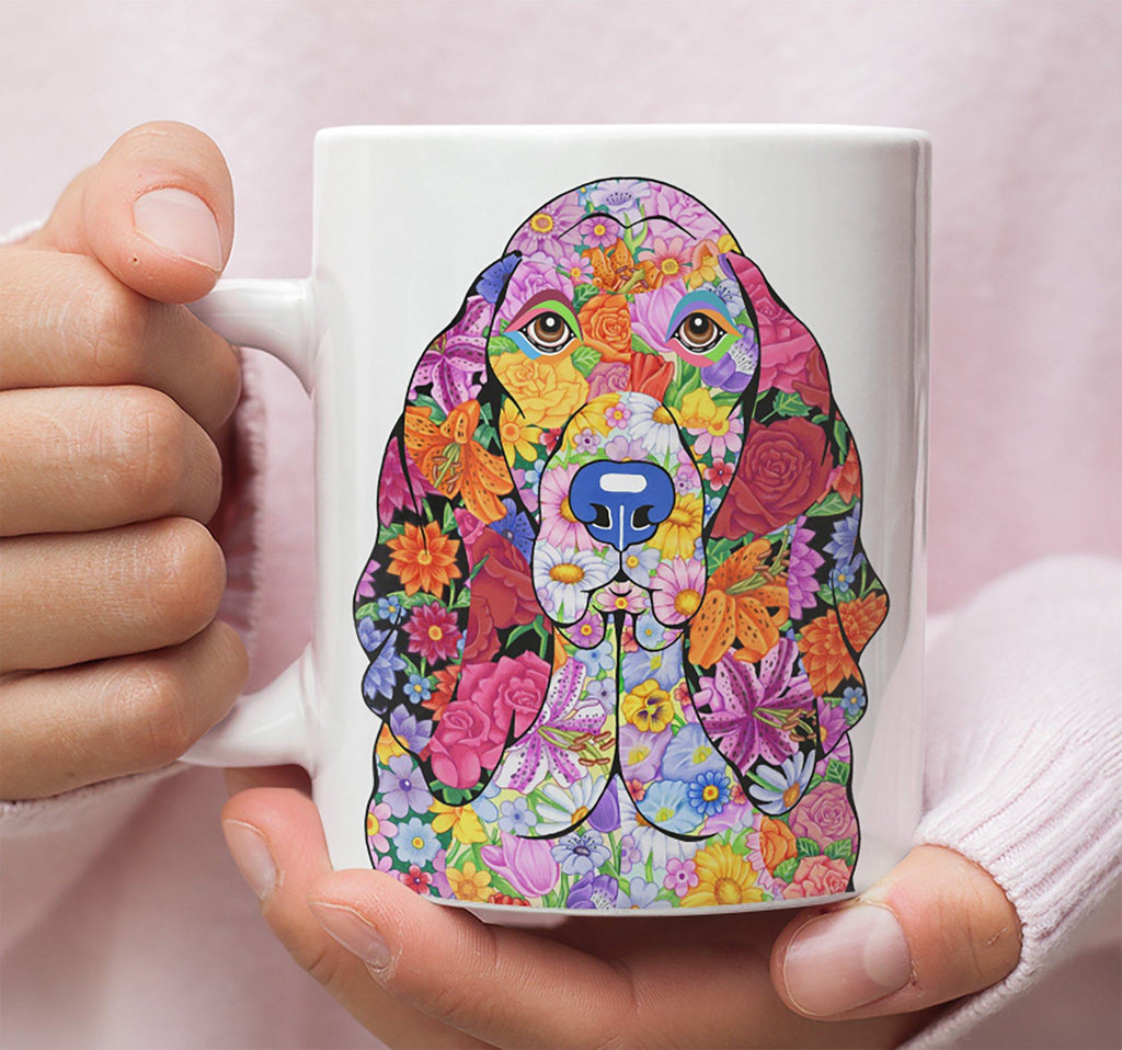FABULOUS FLOWER BASSET HOUND WHITE MUG - DESIGN ON BOTH SIDES