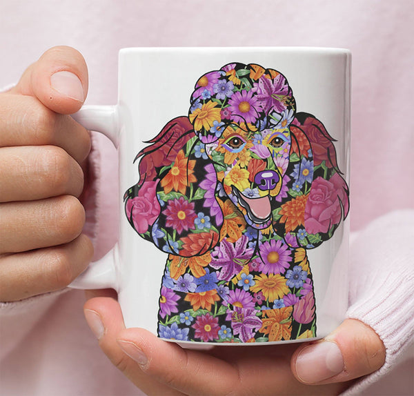 FABULOUS FLOWER BLACK POODLE WHITE MUG - DESIGN ON BOTH SIDES