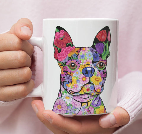 FABULOUS FLOWER BOSTON TERRIER WHITE MUG - DESIGN ON BOTH SIDES