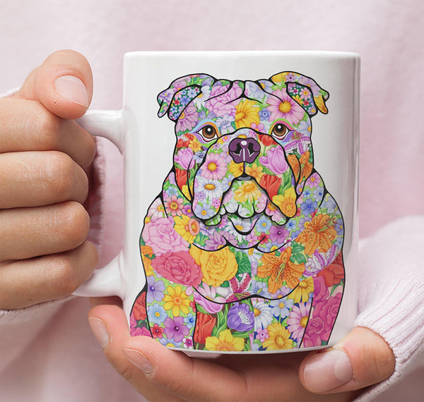 FABULOUS FLOWER BULLDOG WHITE MUG - DESIGN ON BOTH SIDES