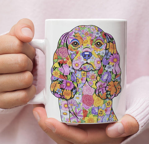 FABULOUS FLOWER CAVALIER KING CHARLES SPANIEL WHITE MUG - DESIGN ON BOTH SIDES