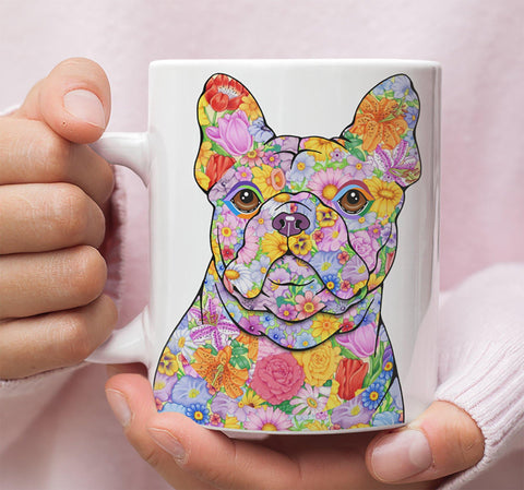 FABULOUS FLOWER FRENCH BULLDOG WHITE MUG - DESIGN ON BOTH SIDES